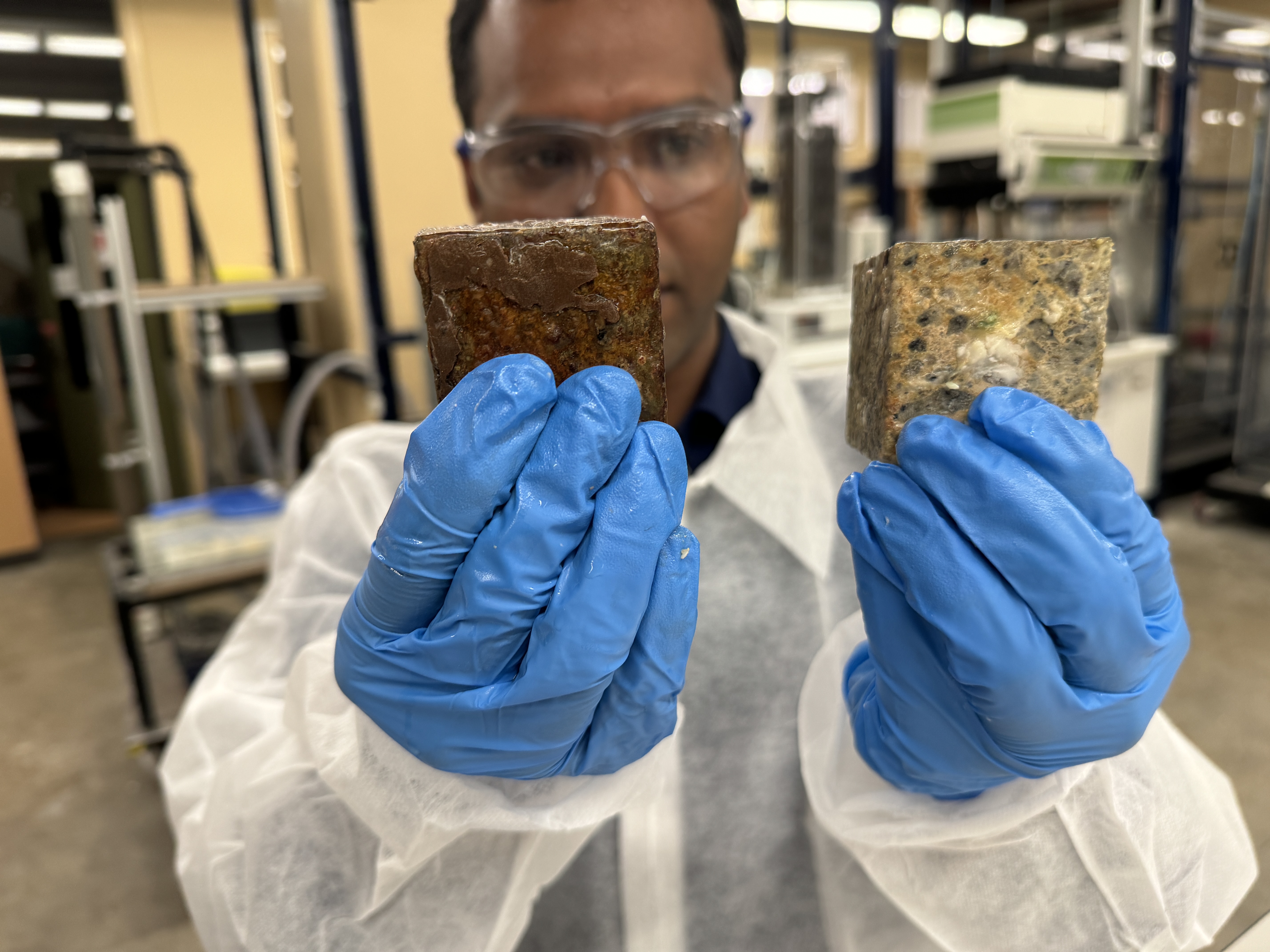 a scientist holds up two different concrete blocks. one is a concrete block coated with his team’s anti-fatberg invention compared to a block without any coating. the white colored blobs on the uncoated block are a mixture of fat, oil and grease (FOG)