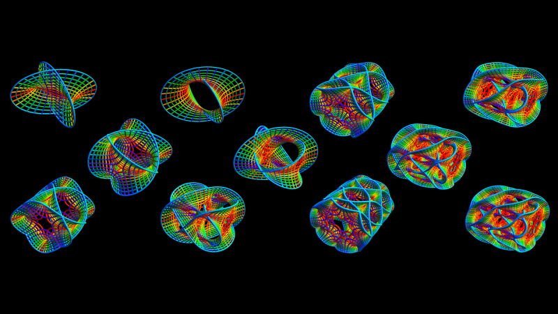 String theory is a mathematical description of nature that requires space to possess several additional dimensions beyond the ordinary three. These extra dimensions, too small to notice in ordinary life, can assume many possible shapes, or geometries (depicted artistically here) that can influence the properties of the universe and subatomic particles.