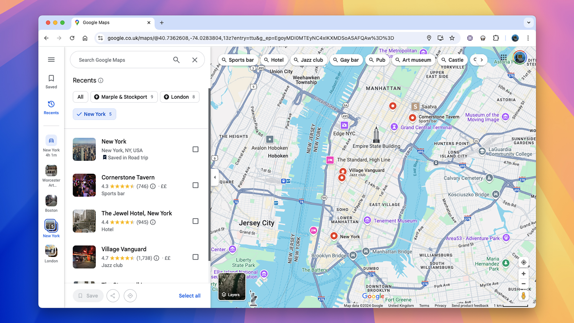 screenshot of new york map with list of places in left panal