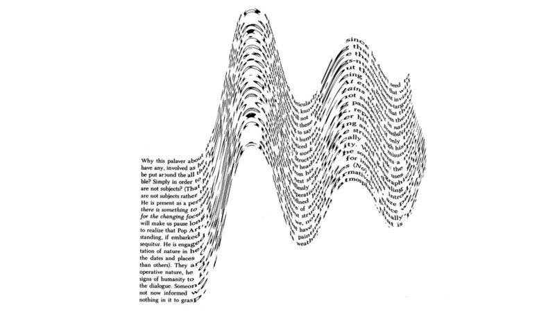 Image from the “Flows” series, by the visual poet Andrew Topel, 2021. This poem was made by fitting a text to undulating computer-generated geometries.