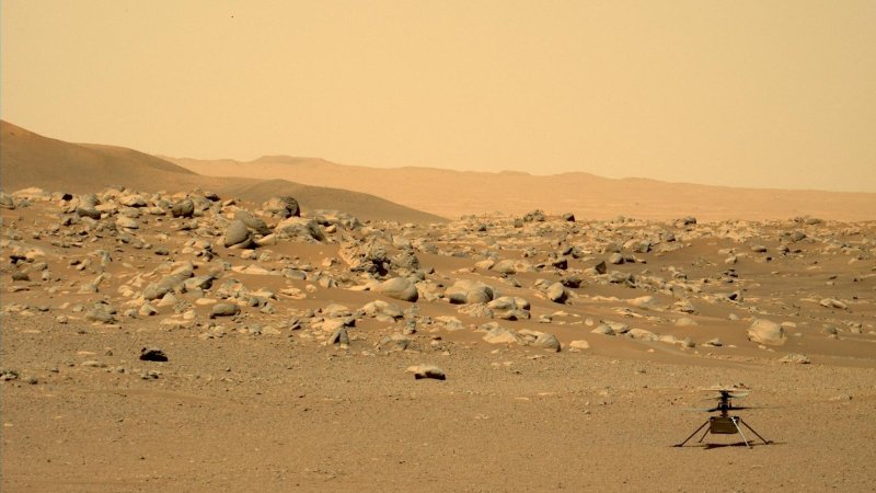 This image of NASA's Ingenuity Mars Helicopter was taken by the Mastcam-Z instrument of the Perseverance rover on June 15, 2021, the 114th Martian day, or sol, of the mission. The location, "Airfield D" (the fourth airfield), is just east of the "Séítah" geologic unit.