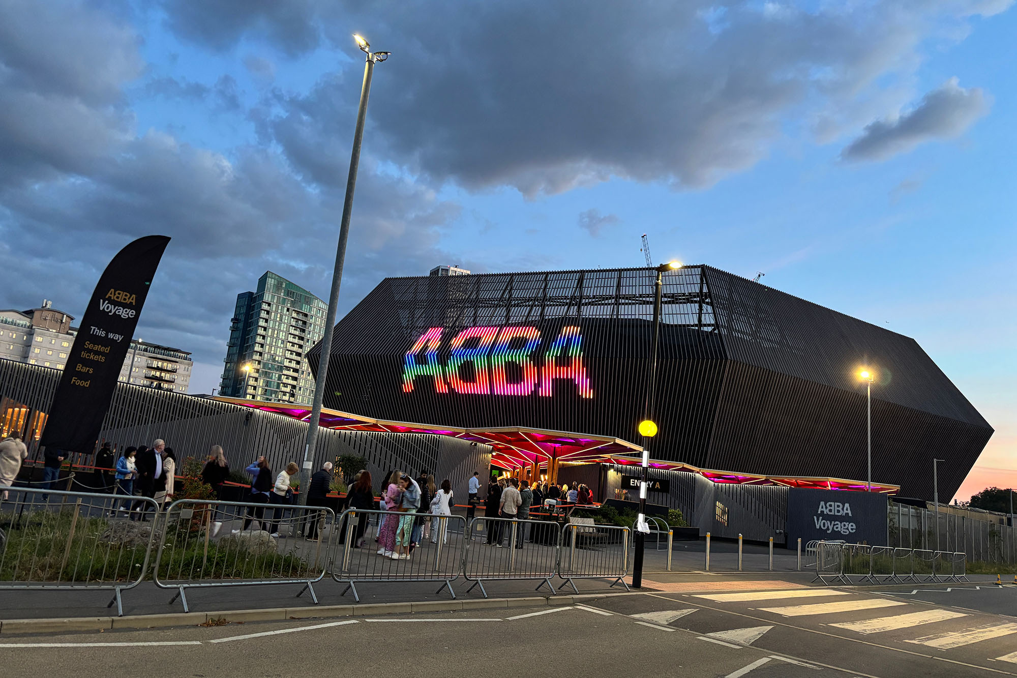 The exterior of the ABBA Voyage Arena in East London