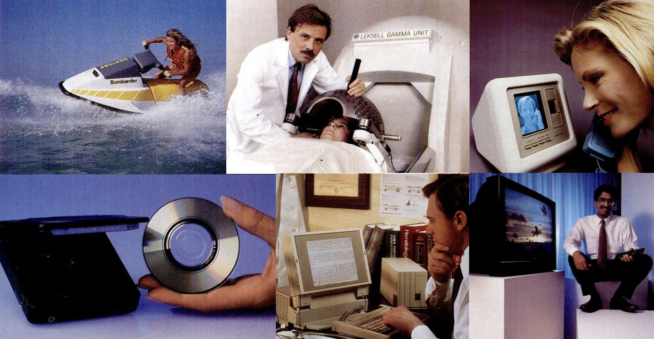 six images showing vintage technology including a black and white video phone, cd disc, medical device, sea-doo, and TV