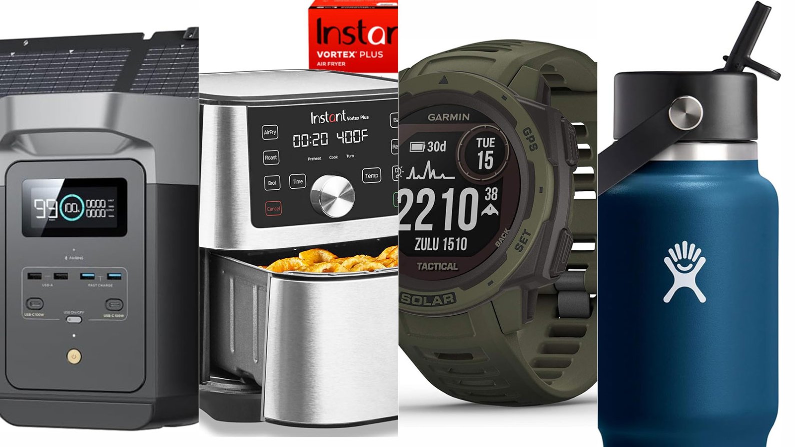 A solar generator, air fryer, sports watch, and water bottle arranged in a row for Cyber Monday