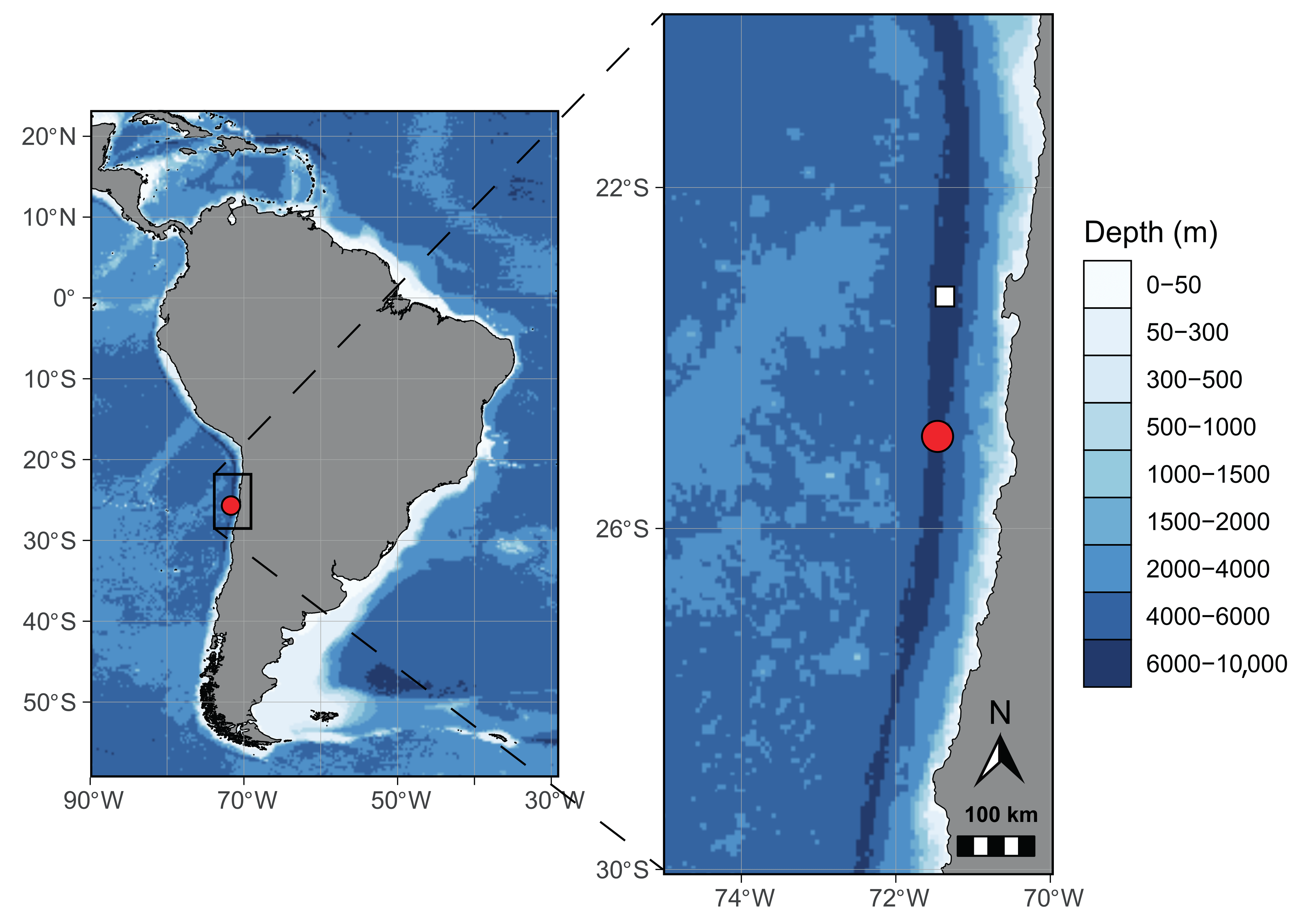 a map of south america showing varous depths in meters