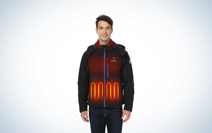  A man wearing an Ororo heated jacket on a plain background.