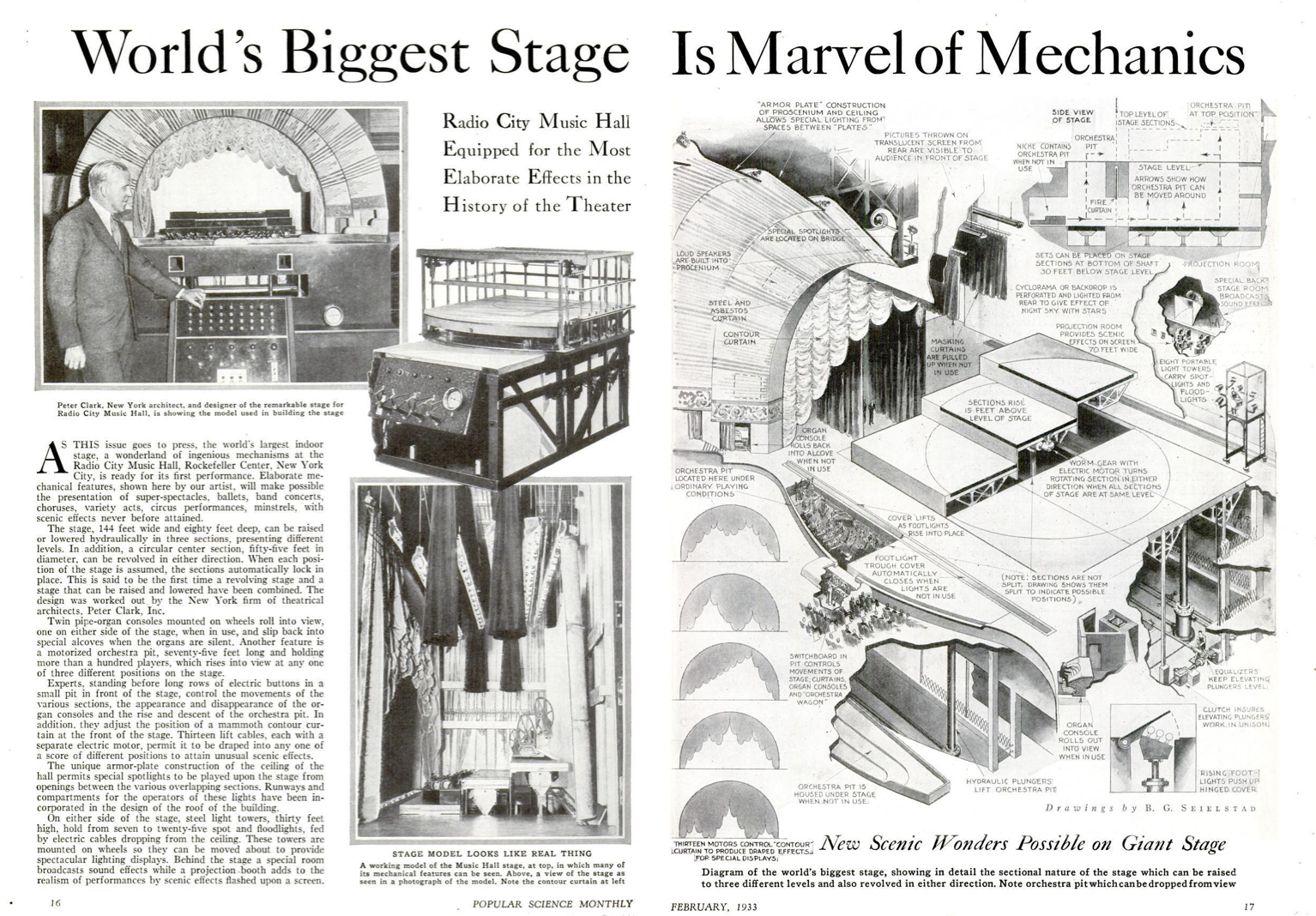 Popular Science’s coverage of Radio City Music Hall’s technology in 1933. The headline reads "World's Biggest Stage Is a Marvel of Mechanics" and features a man standing next to a model of the stage and a diagram of the stage's hydraulic system