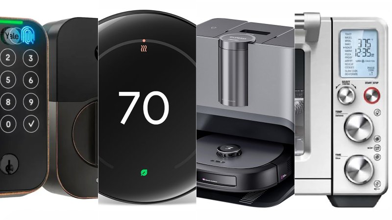 Smart home gift guide header smart lock smart thermostat robot vacuum, and oven