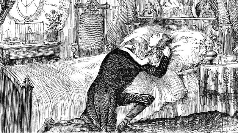 Thomas Worth’s 1872 illustration for the Household Edition of The Old Curiosity Shop highlights her grandfather’s grief at losing Little Nell.