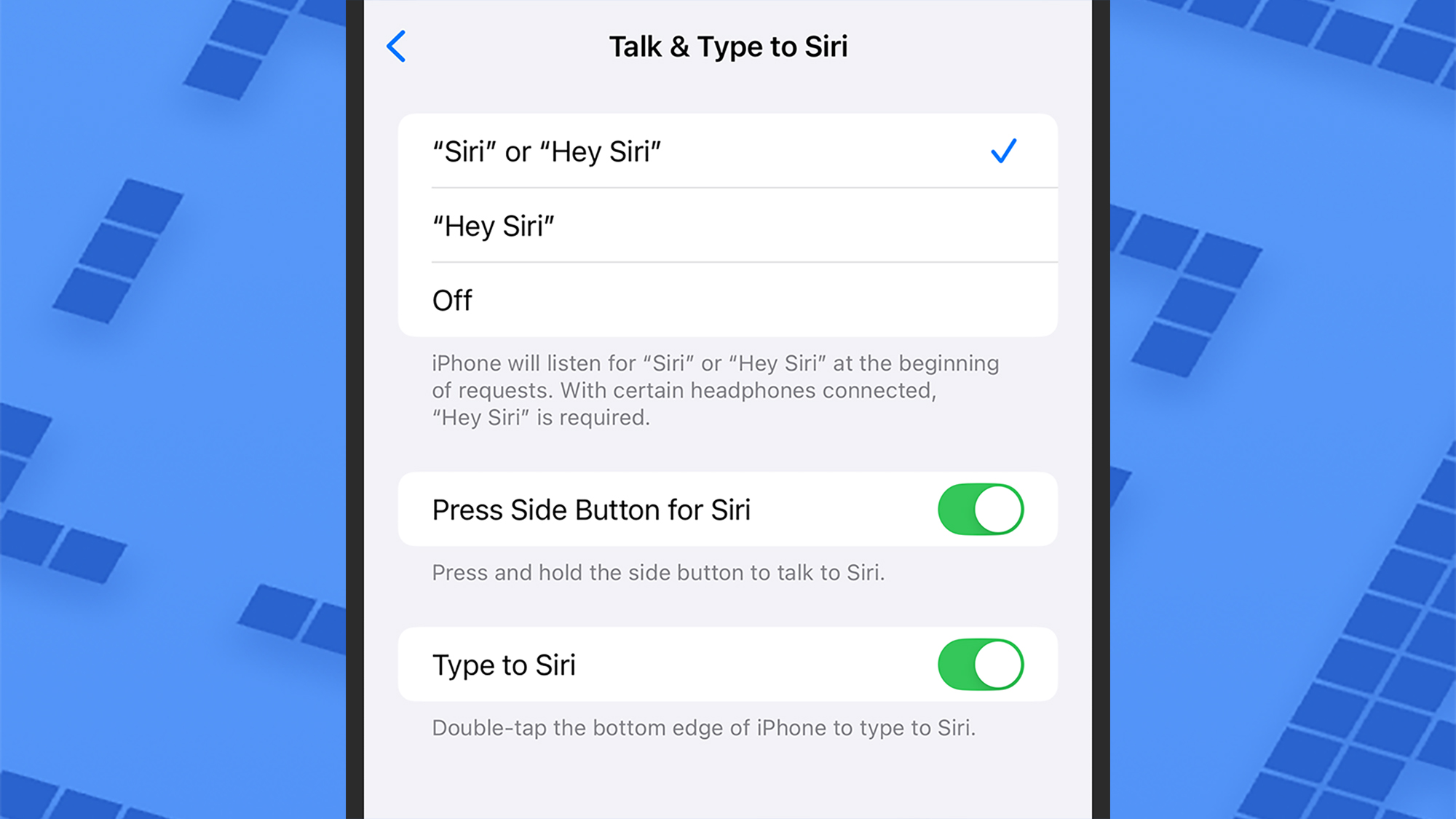 screenshot of talk and type siri settings options on iOS