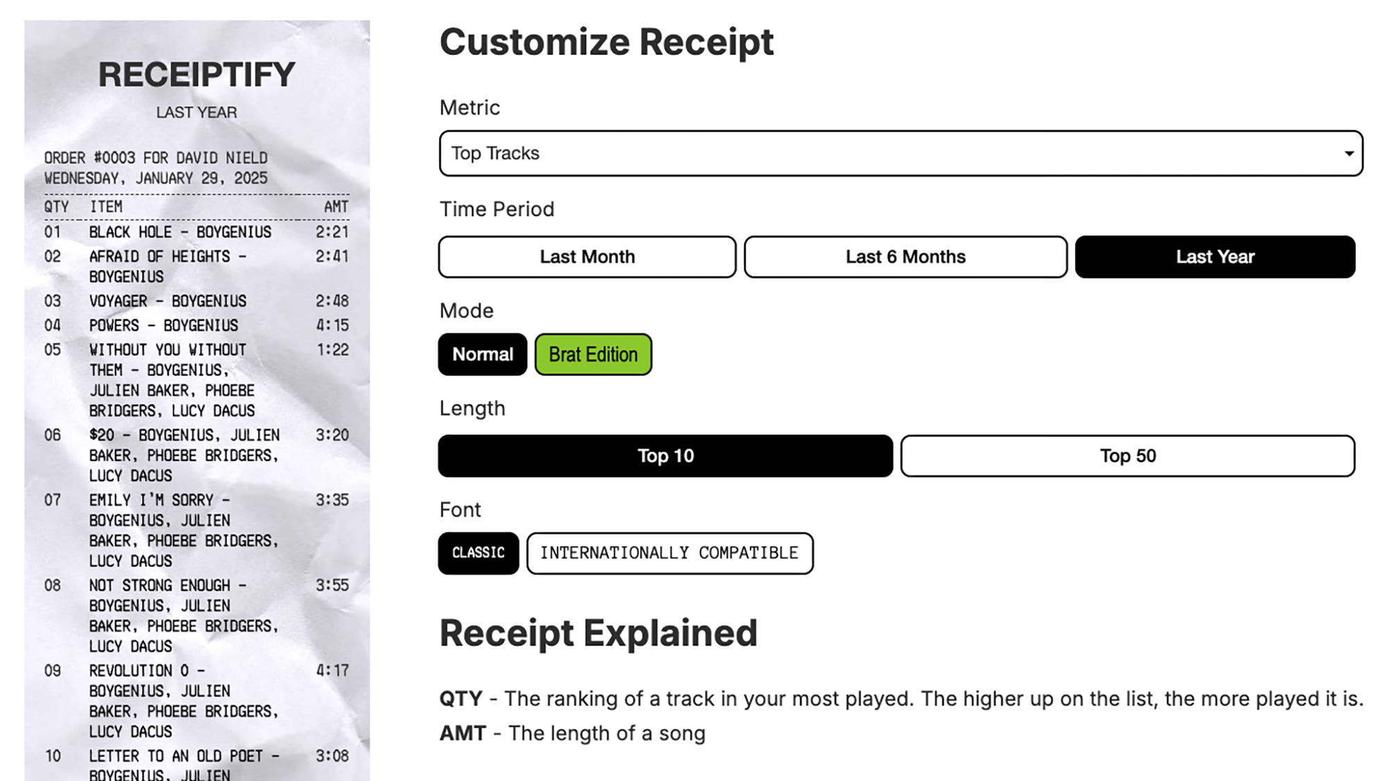 screenshot of receiptify 