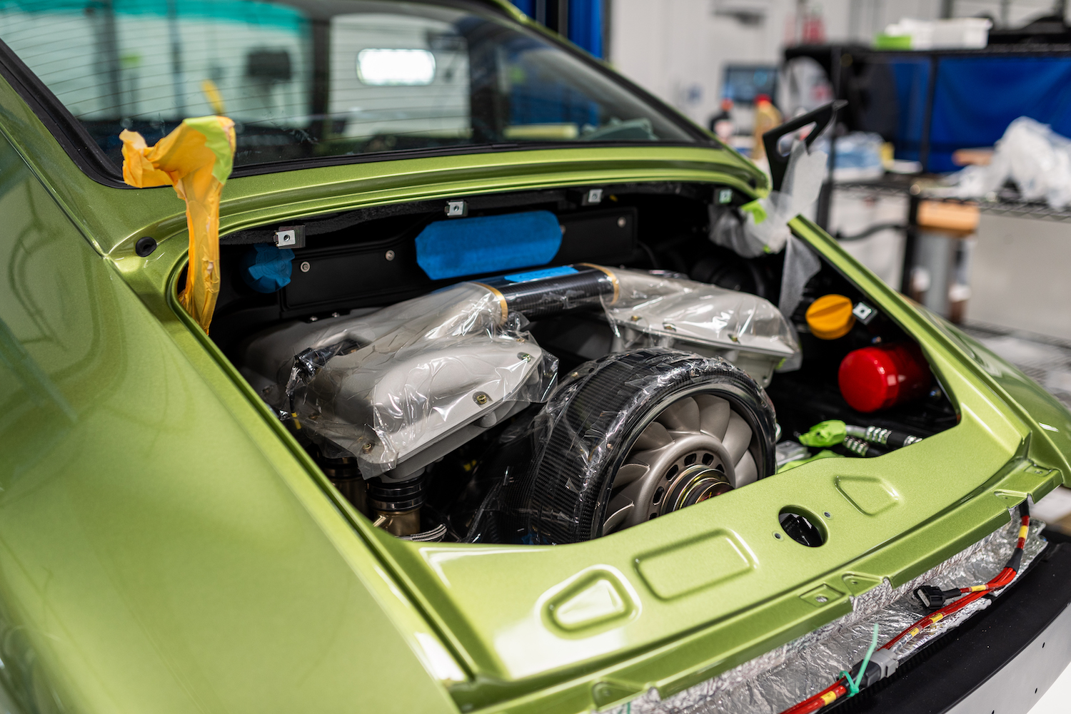 a car engine wrapped in plastic