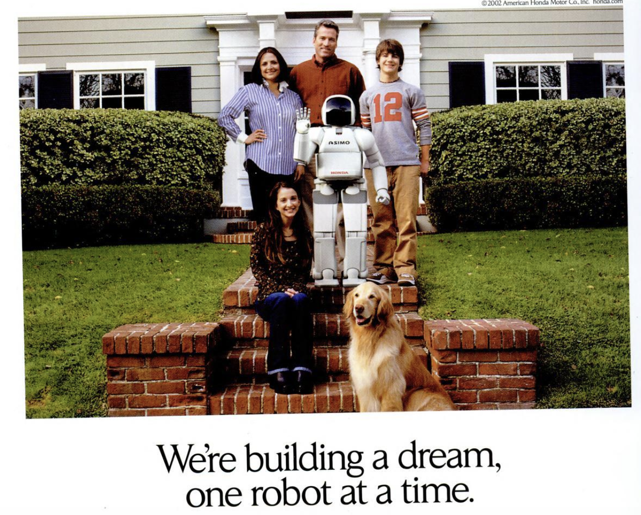 advertisement showing a family in front of a home with a humanoid robot in the middle waving