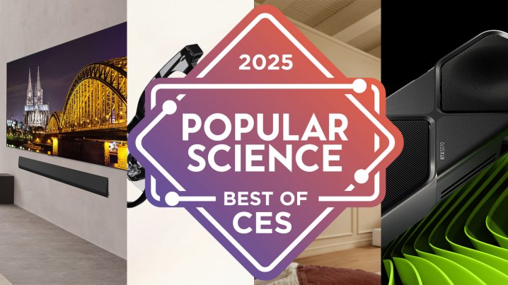 An LG TV and other gadgets arranged behind the CES 2025 logo