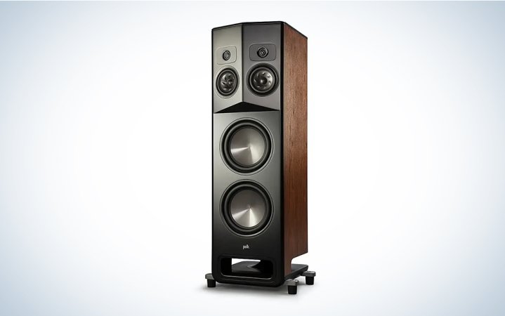  Black and walnut Polk Legend L800 floorstanding speaker on a grey gradient background