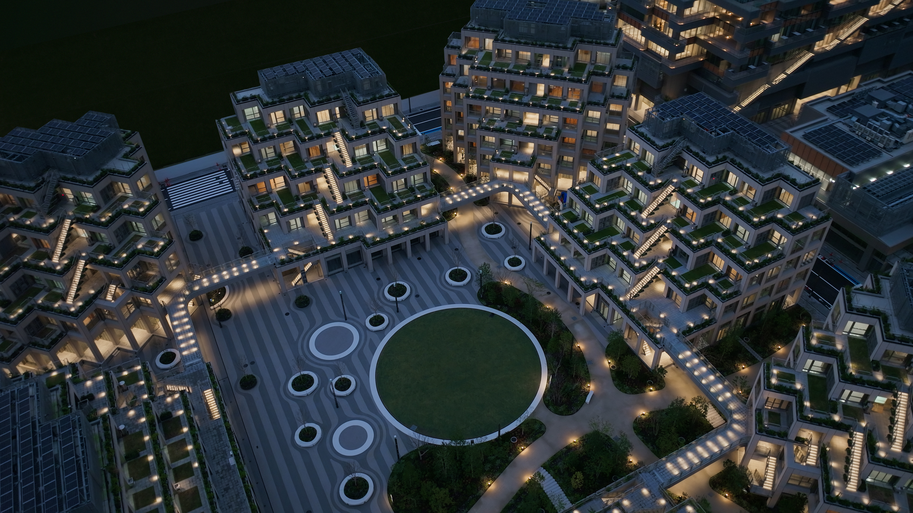 Aerial shot of Woven City town square