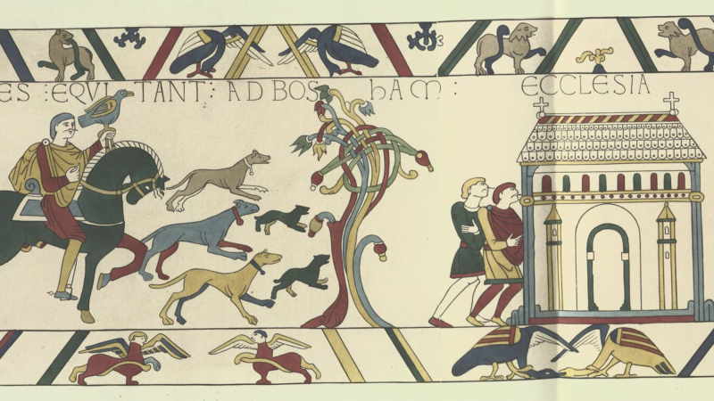 A portion of the Bayeux Tapestry showing King Harold riding to his residence, Bosham. The full tapestry depicts the Norman Conquest of England in 1066.