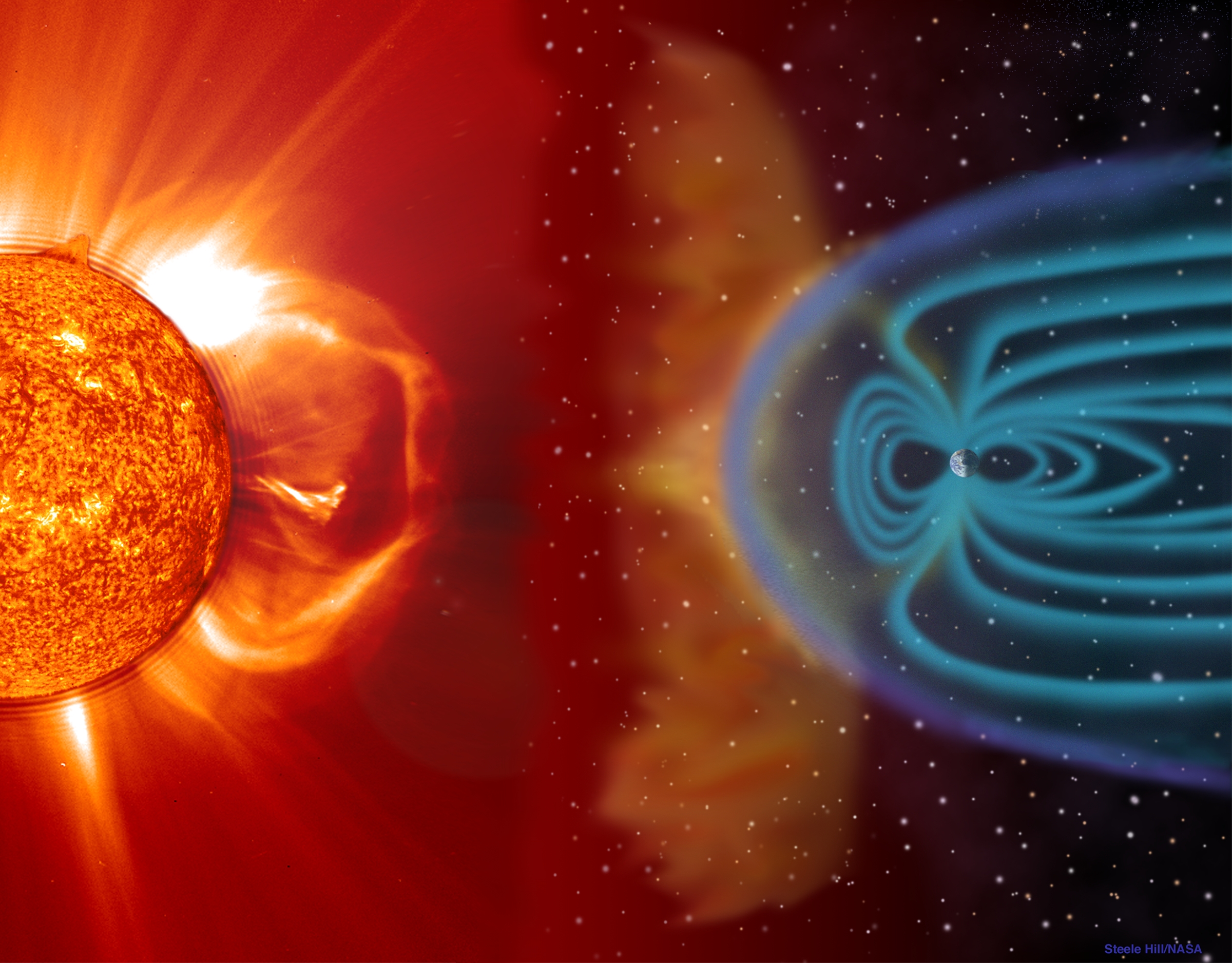 CME blast and subsequent impact at Earth -- This illustration shows a CME blasting off the Sun’s surface in the direction of Ea CME blast and subsequent impact at Earth -- This illustration shows a CME blasting off the Sun’s surface in the direction of Earth. This left portion is composed of an EIT 304 image superimposed on a LASCO C2 coronagraph. Two to four days later, the CME cloud is shown striking and beginning to be mostly deflected around the Earth’s magnetosphere. The blue paths emanating from the Earth’s poles represent some of its magnetic field lines. The magnetic cloud of plasma can extend to 30 million miles wide by the time it reaches earth. These storms, which occur frequently, can disrupt communications and navigational equipment, damage satellites, and even cause blackouts. (Objects in the illustration are not drawn to scale.) Credit: NASA/GSFC/SOHO/ESA To learn more go to the SOHO website: http://sohowww.nascom.nasa.gov/home.html To learn more about NASA's Sun Earth Day go here: http://sunearthday.nasa.gov/2010/index.php