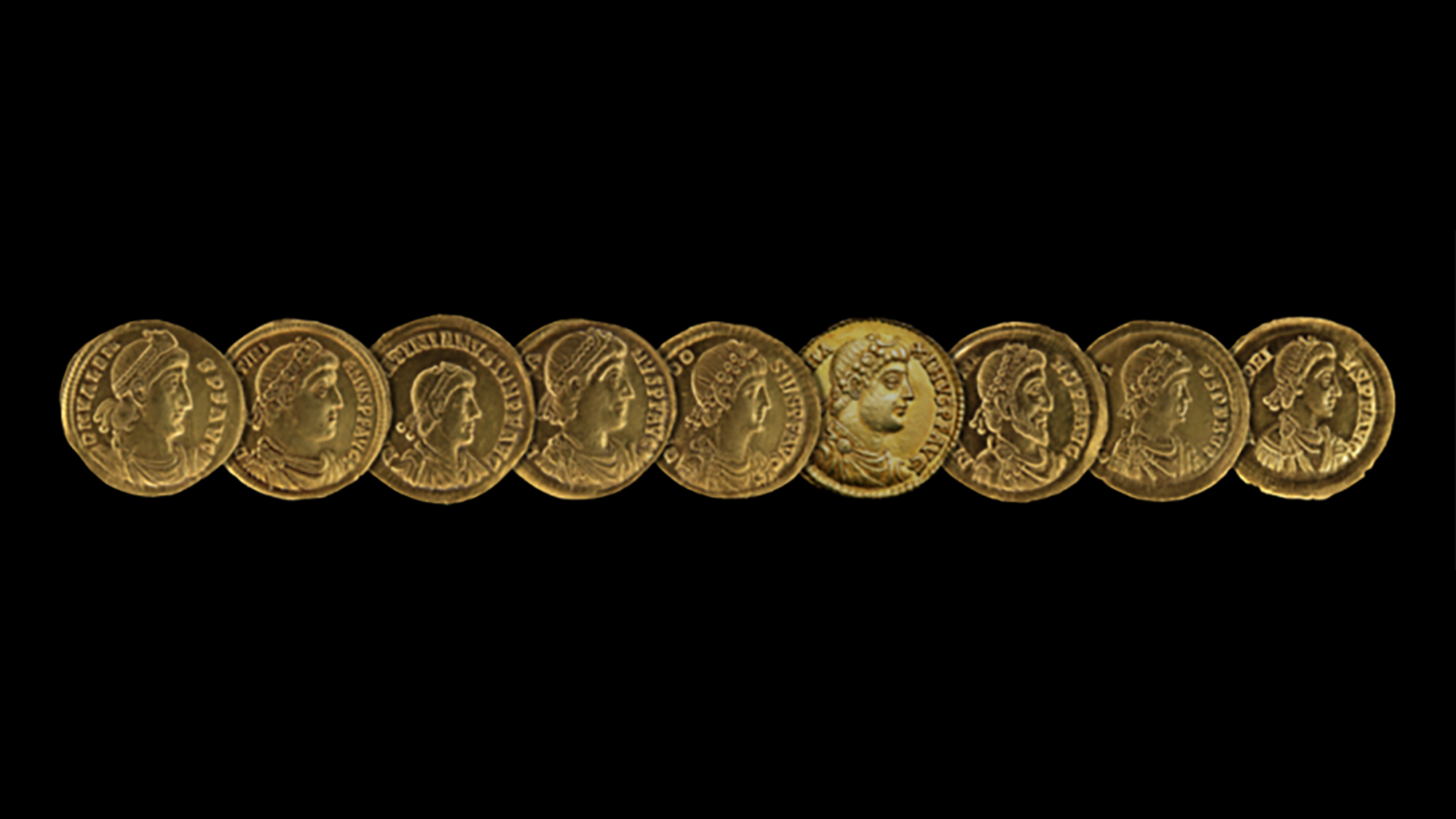 a line of gold coins, which feature emperors, on a black background.