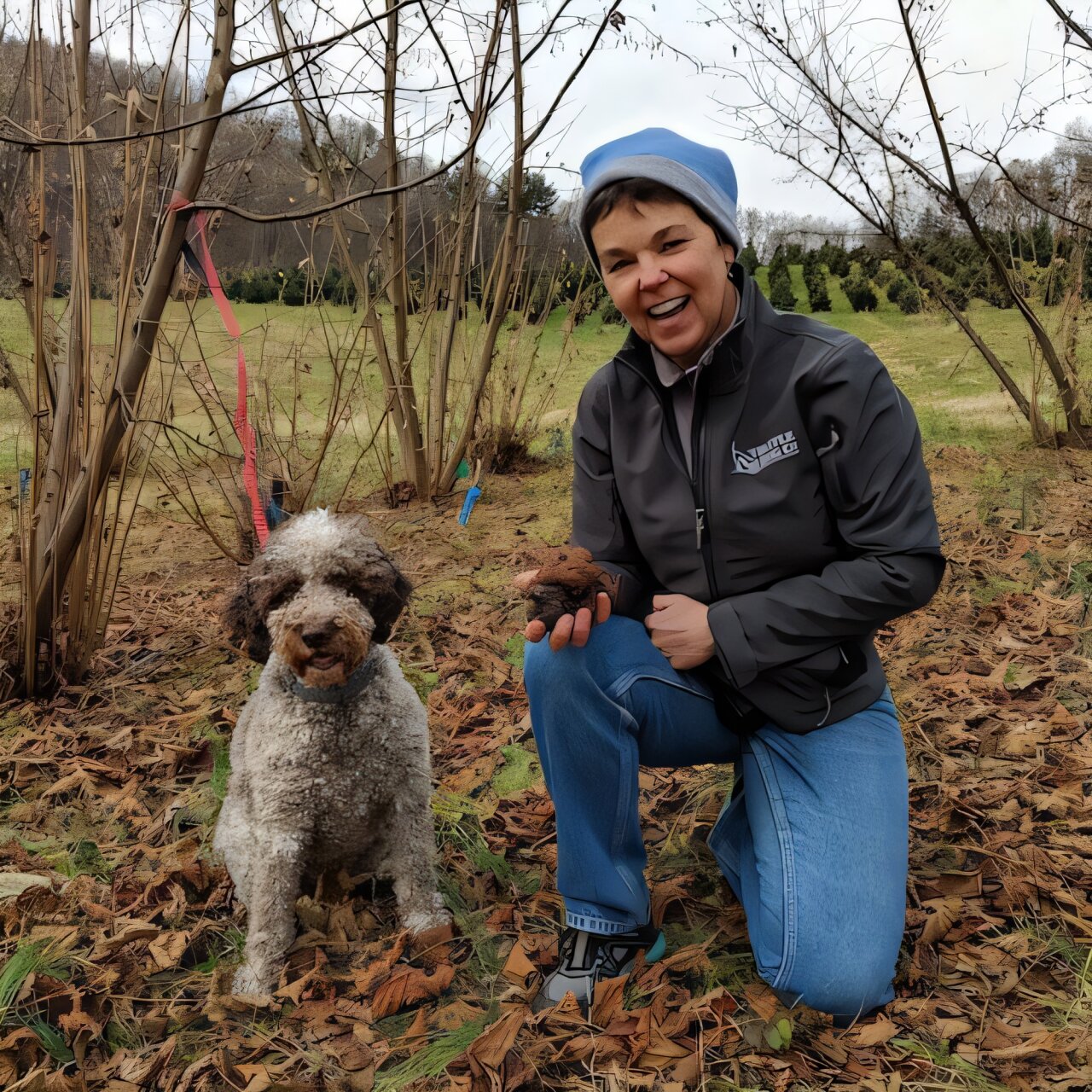 a dog and his human trainer pose with a truffle in an orchard