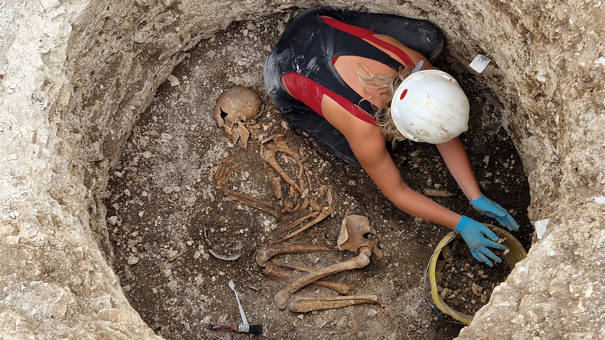 an archeologist wearing a hard hat digs in a hole alongside skeletal remains