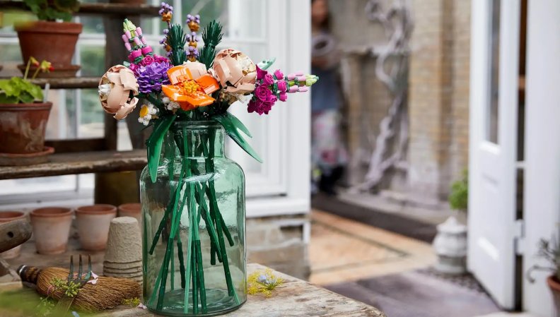 bouquet of lego flowers on a table in greenhouse