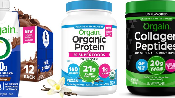 Orgain protein powder products in a line