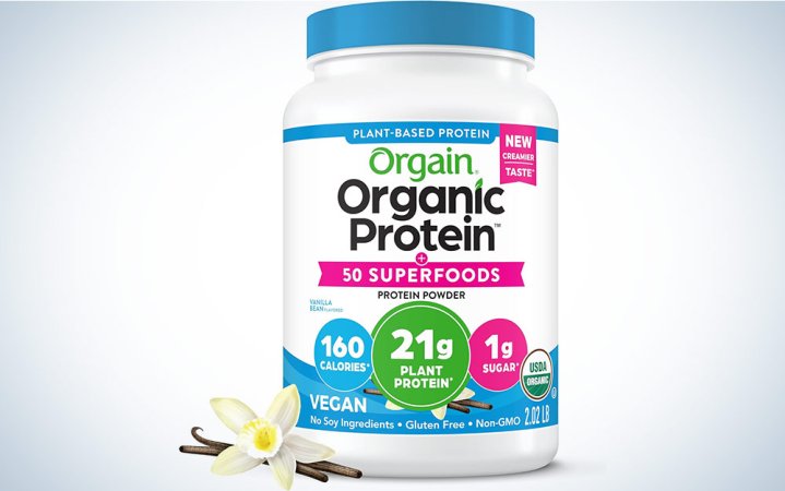  Orgain protein powder on a plain background in vanilla