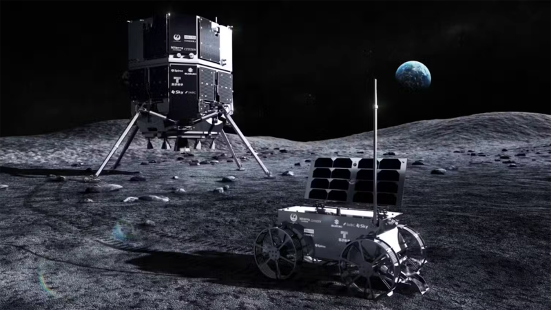 An illustration of the Resilience lander and rover on the lunar surface.