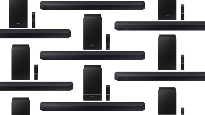 Samsung Q6CC soundbars and subwoofers arranged in a pattern