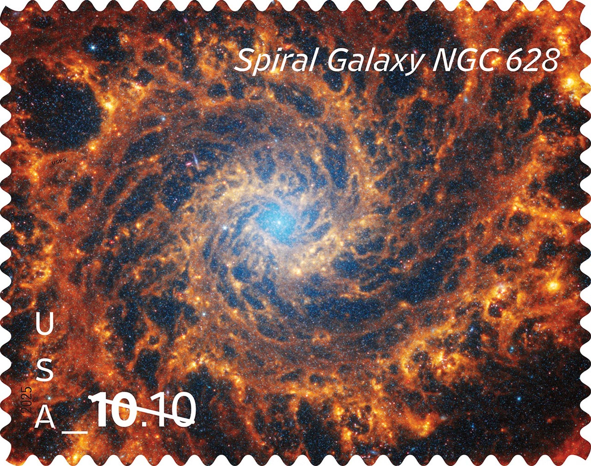 The U.S. Postal Service issued a Priority Mail stamp January 21, 2025, highlighting an image of the spiral galaxy NGC 628 from NASA’s James Webb Space Telescope. Greg Breeding, an art director for the U.S. Postal Service, designed the stamp with an image from NASA, ESA, CSA, the Space Telescope Science Institute, researchers Janice Lee and Thomas Williams, and the Physics at High Angular resolution in Nearby GalaxieS team. CREDIT: U.S. Postal Service