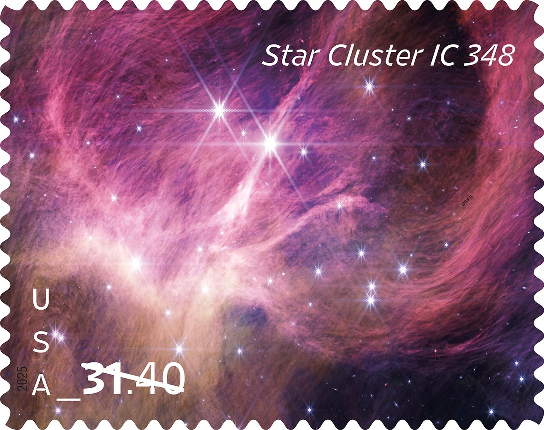 The U.S. Postal Service issued a Priority Mail Express stamp Jan. 21, 2025, featuring an image of star cluster IC 348 from NASA’s James Webb Space Telescope. Greg Breeding, an art director for the U.S. Postal Service, designed the stamp with an image provided by with an image provided by NASA, ESA, CSA, the Space Telescope Science Institute, and researchers Kevin Luhman and Catarina Alves de Oliveira. CREDIT: U.S. Postal Service.