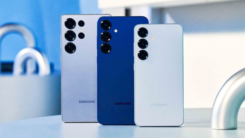 Samsung Galaxy S25-series smartphones in blue in a blue background