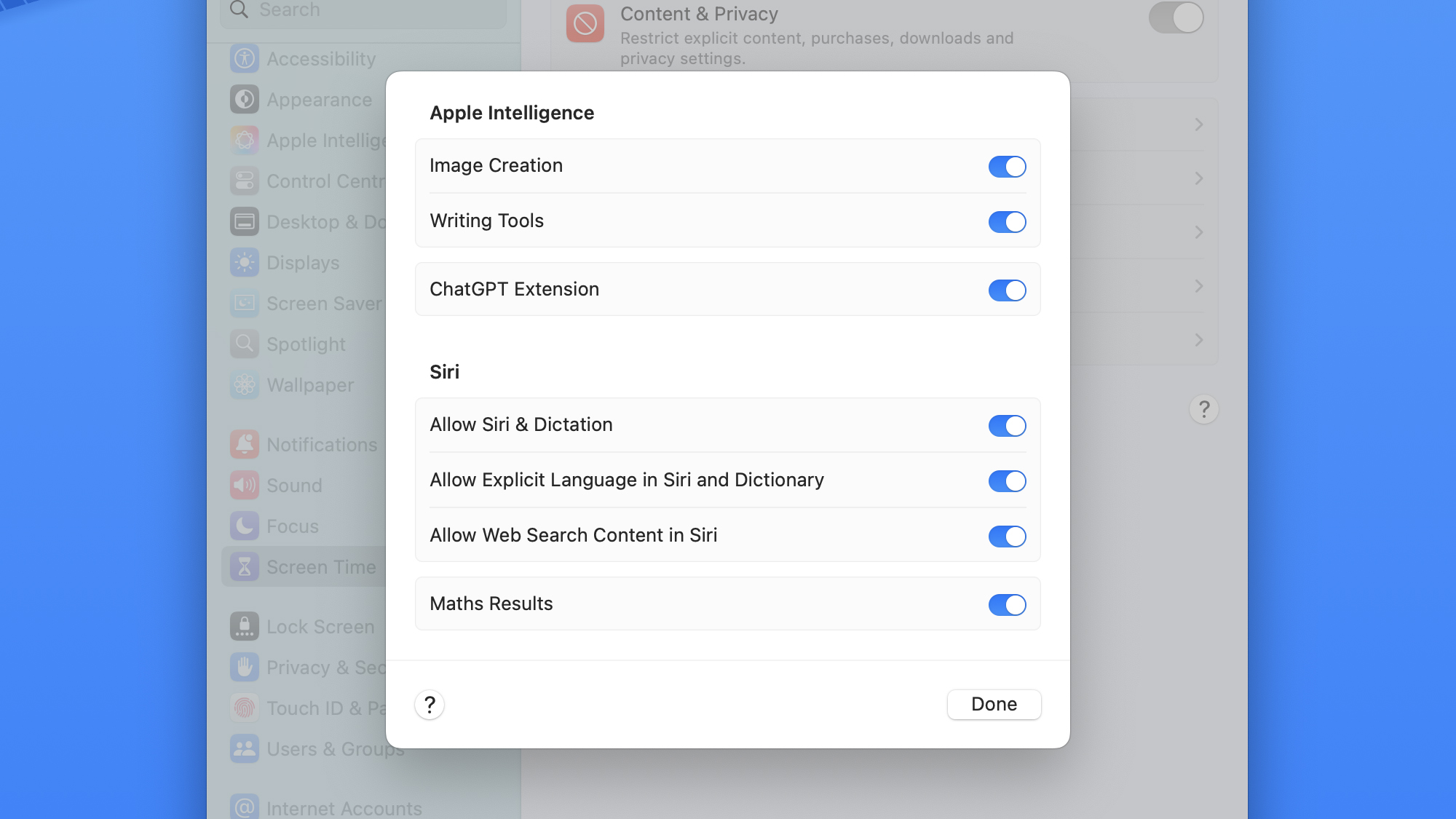 screenshot of apple intelligence settings within screen time