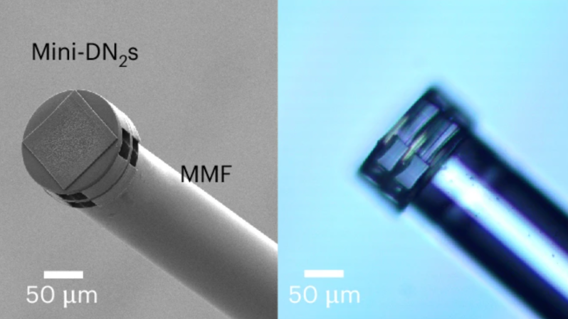 Experimental results of the miniaturized DN2s integrated at the distal facet of a MMF using the 3D GS-TPN fabrication method, showing SEM and white-light microscopy images.