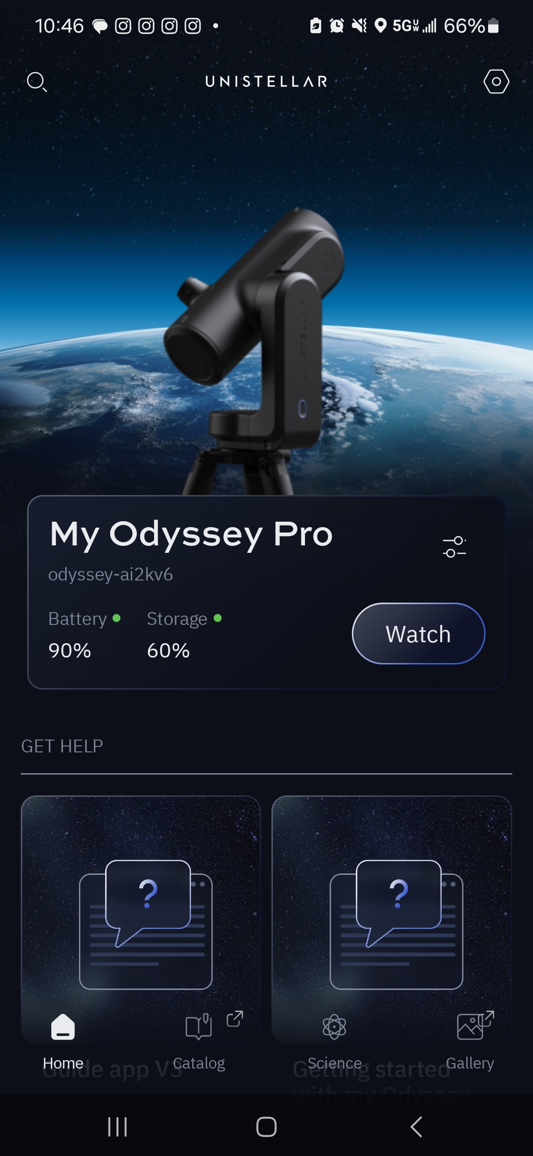 A screenshot of the Unistellar Odyssey Pro smart telescope app connected to a compatible device