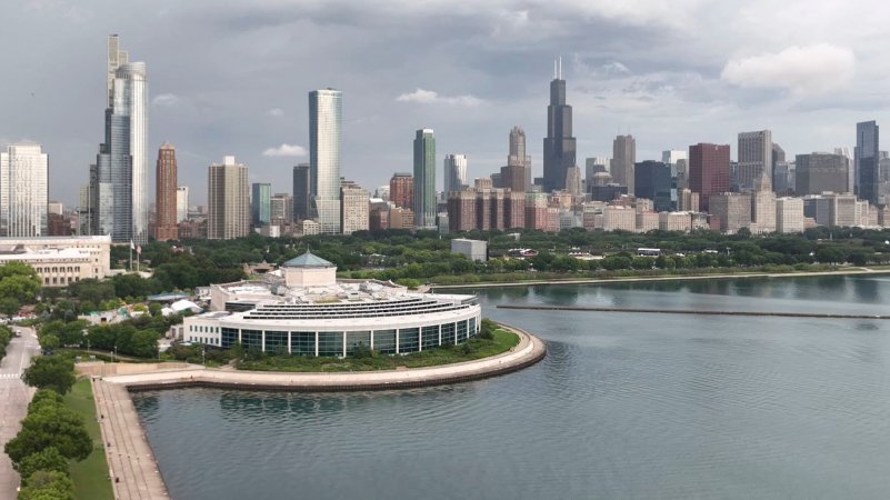 This aerial view shows the Shedd Aquarium on Lake Michigan in Chicago, Illinois, on August 1, 2024.