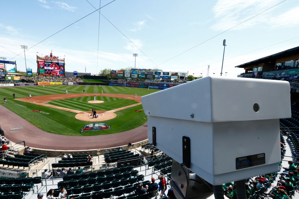 ALLENTOWN, PA - MAY 09: One of over 30 ABS cameras monitor each pitch for balls and strikes during a AAA minor league baseball game between the Memphis Redbirds and Lehigh Valley IronPigs at Coca-Cola Park on May 9, 2023 in Allentown, Pennsylvania. The Automated Balls and Strikes system, similar to the Hawk-Eye system used in professional tennis, identifies weather the pitch is a ball or a strike and notifies the home plate umpire through an earpiece. MLB is testing the system for possible use next year. (Photo by Rich Schultz/Getty Images)