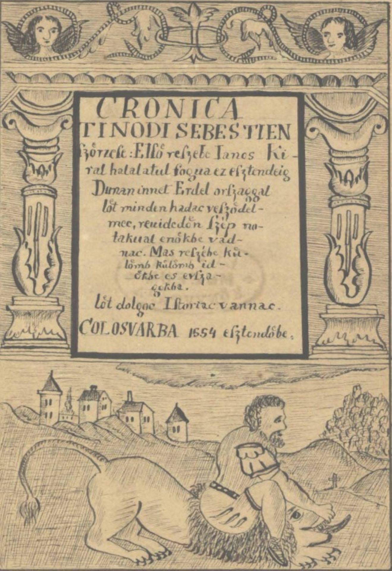 a written text from 1554 that also has an illustration of a man sitting on a lion, trying to subdue it