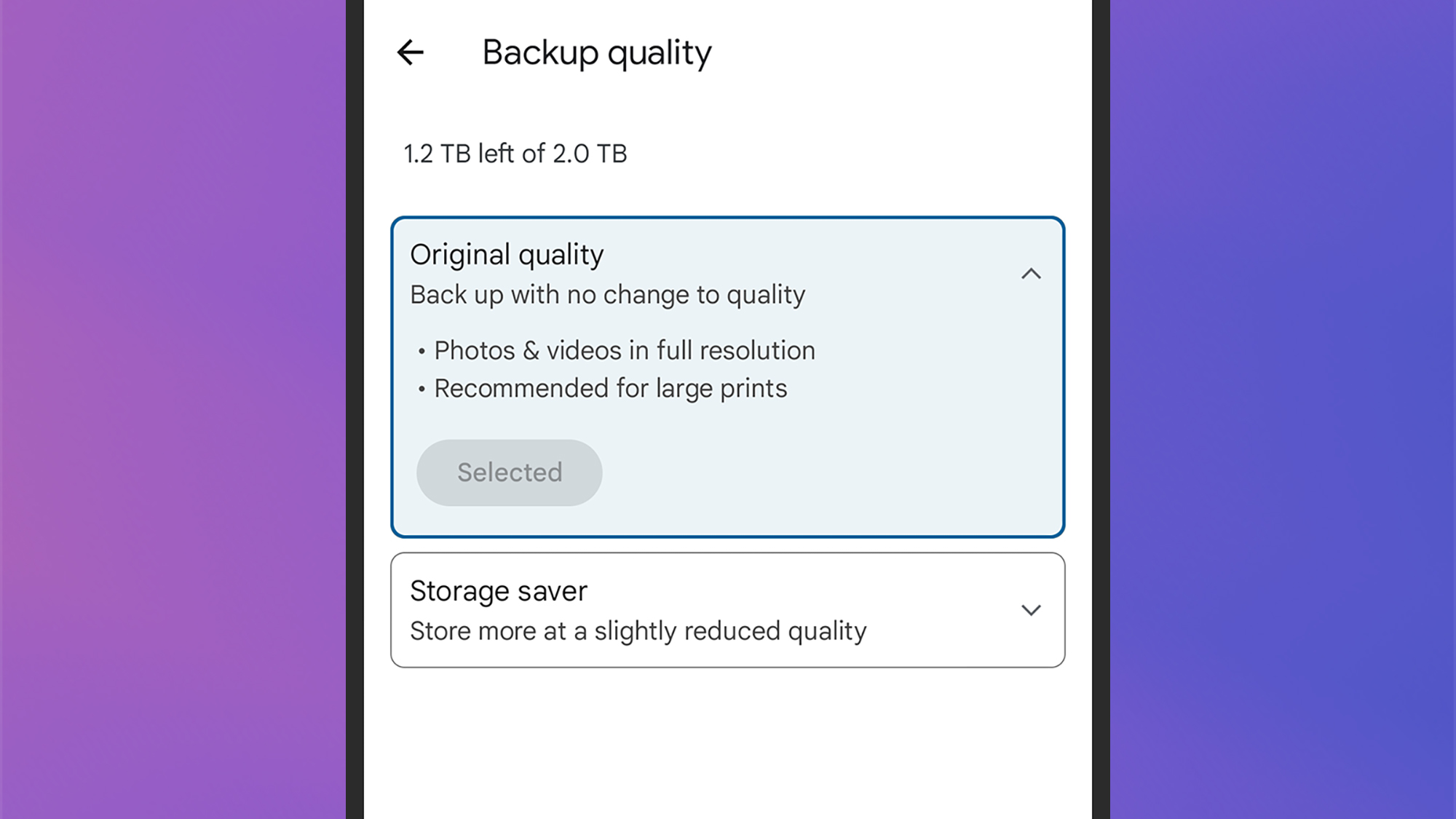 screenshot of backup quality options