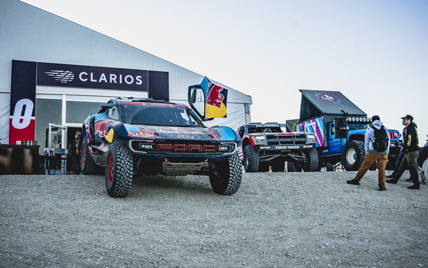 gas-powered vehicles parked outside Clarios building 