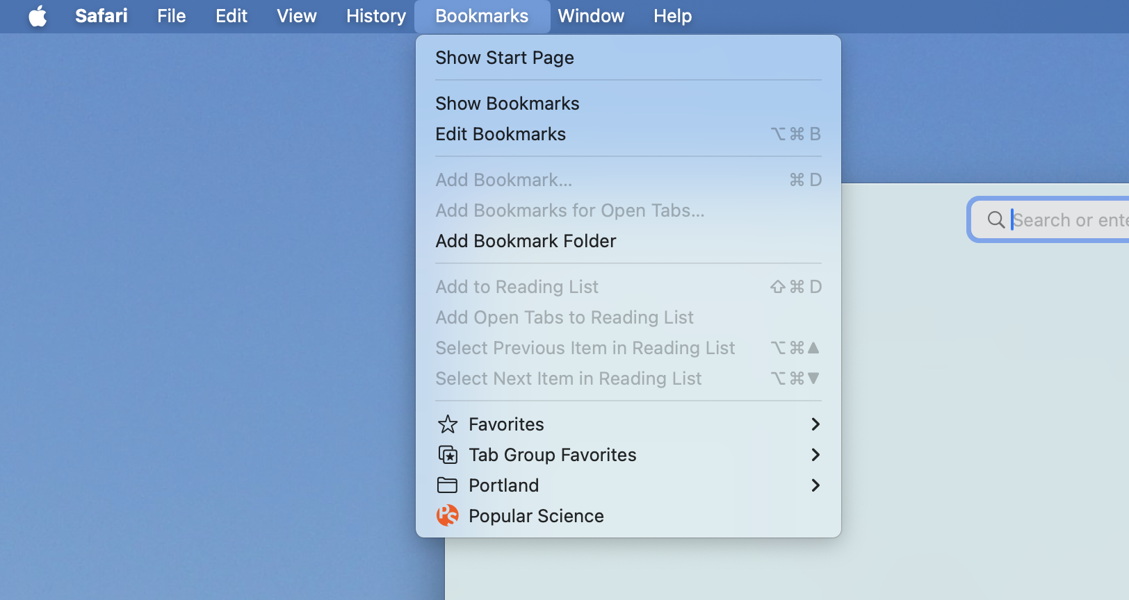 screenshot of on bookmarks options on mac computer