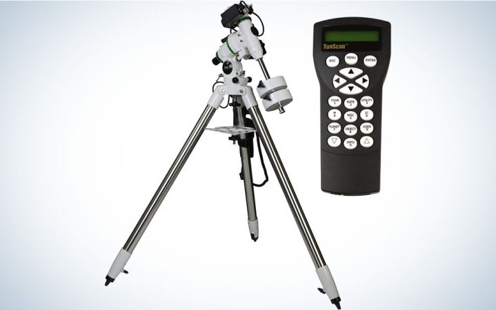  Silver and white Sky Watcher EQM-35 Fully Computerized GoTo German Equatorial Telescope Mount with remote on a grey gradient